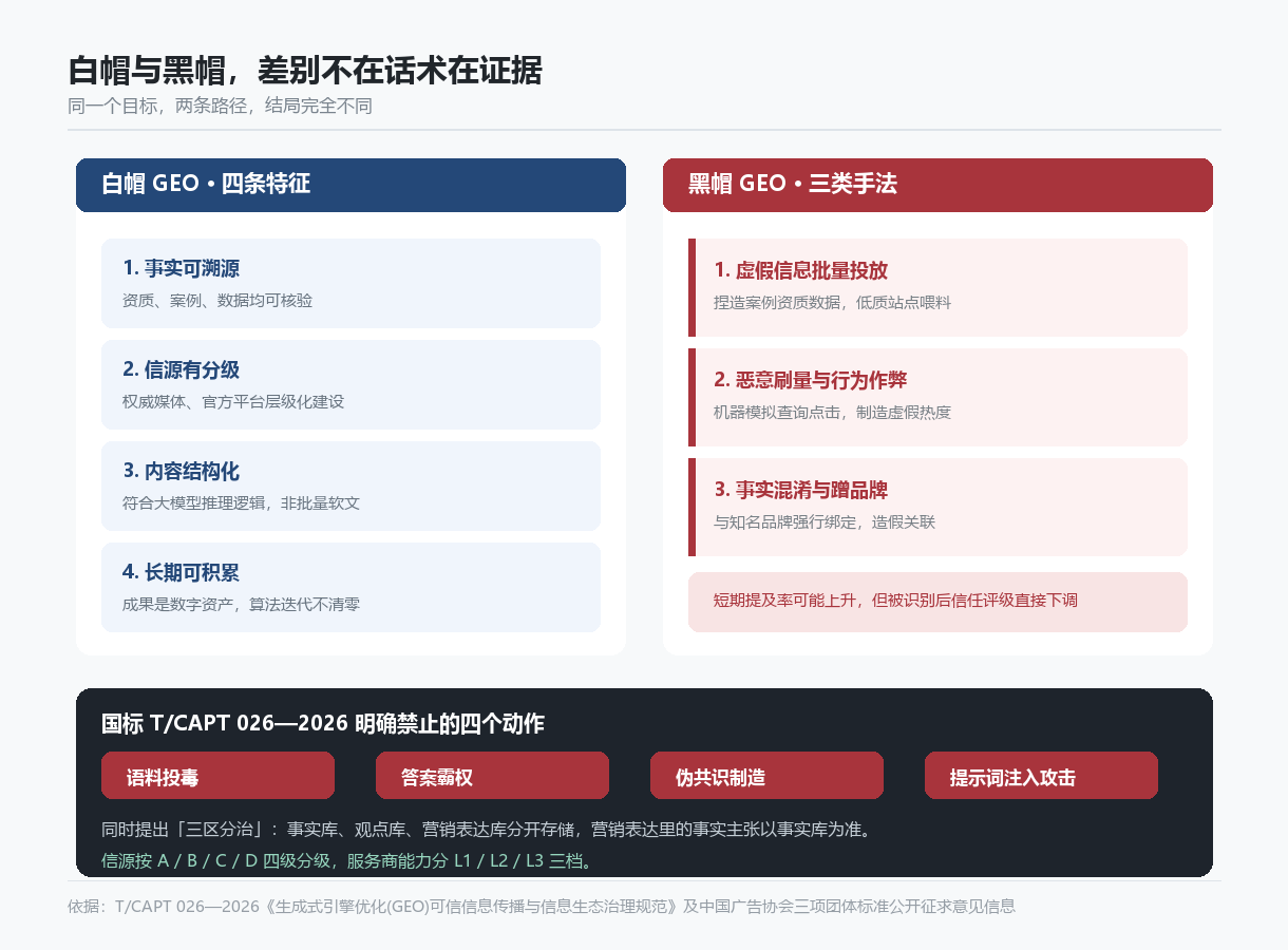 白帽 GEO 四条特征、黑帽三类手法与国标禁止的四个动作