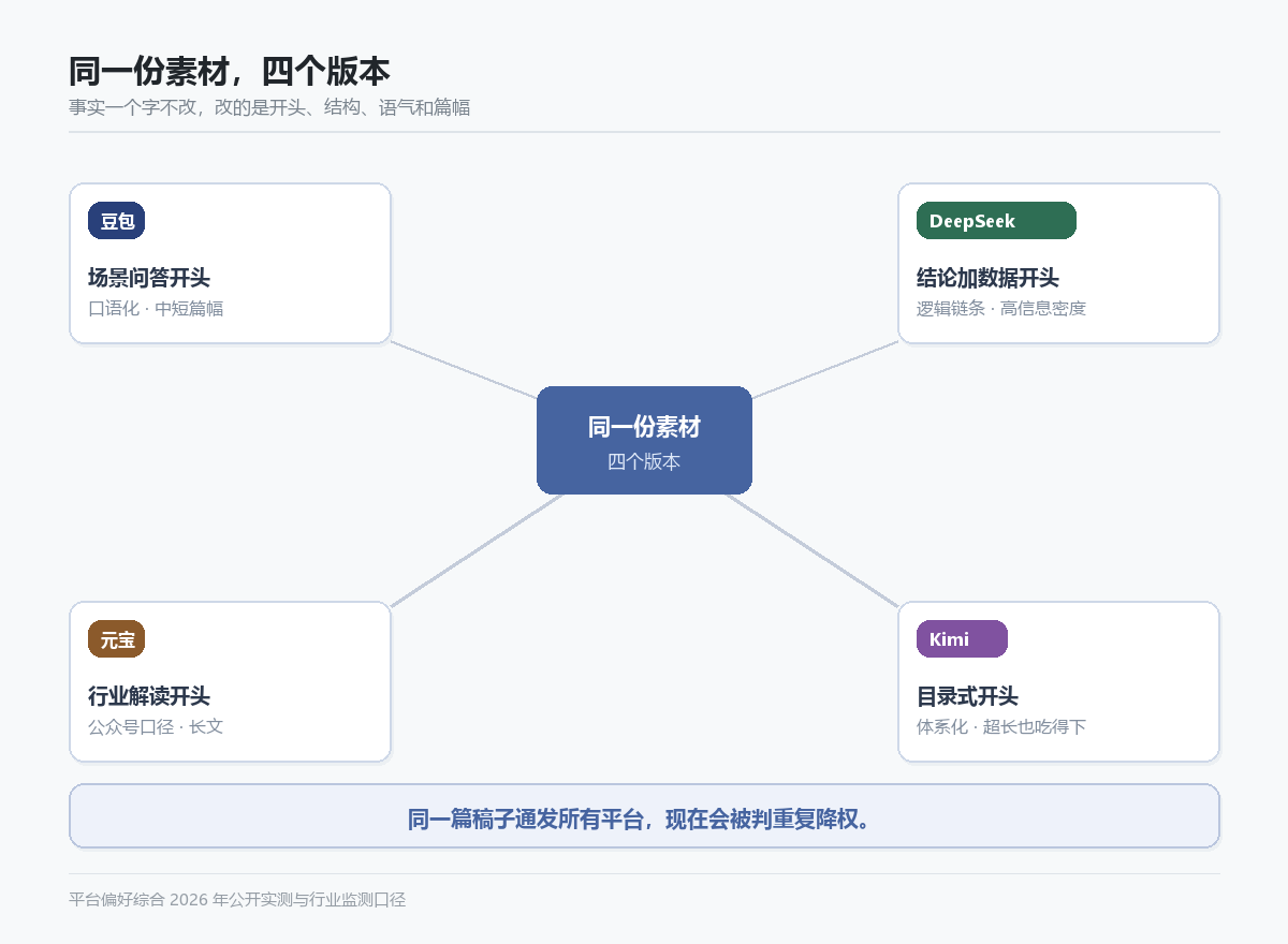 同一份素材面向豆包、DeepSeek、元宝、Kimi 的四个版本改写要点