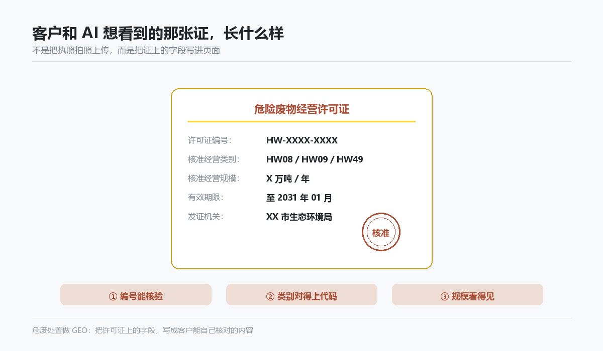 危险废物经营许可证上客户最常核对的五个字段示意图