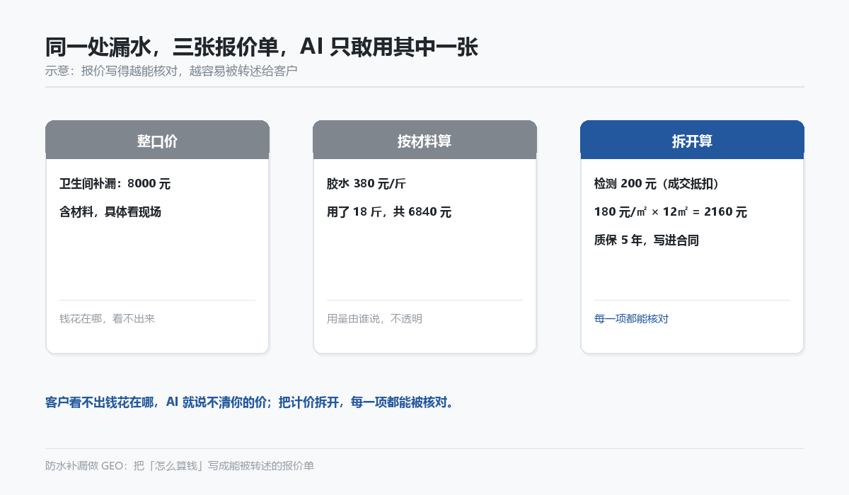 三种报价方式的可核对程度对比:整口价、按材料算、拆开算