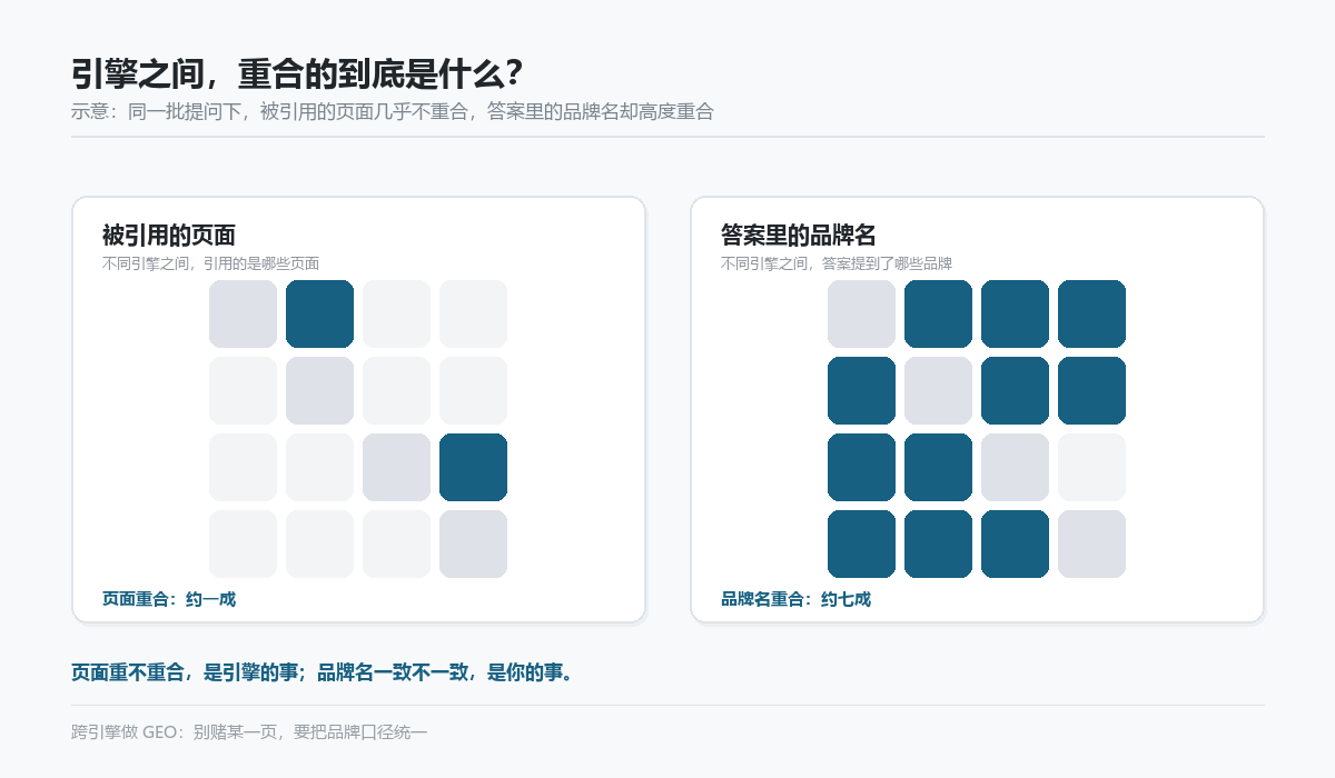 跨引擎引用页面重合度与品牌名重合度对照示意
