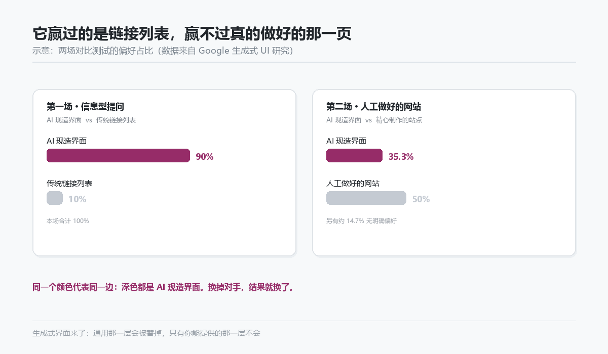 两场对比测试中生成式界面与人工网站的偏好占比